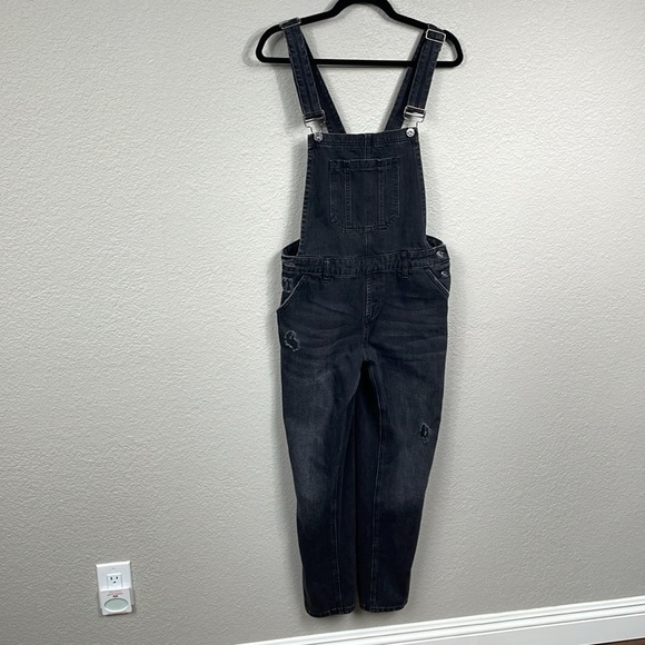 Risen Jeans Black Distressed Overalls Cotton Rigid Denim Sz S - Picture 3 of 14